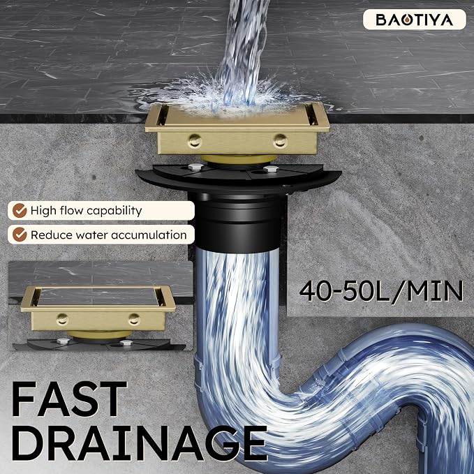6 Inch Square Gold Shower Drain with Flange,Modern Floor Drain with 2-in-1 Cover Tiled Insert Grate,SUS 304 Stainless Steel