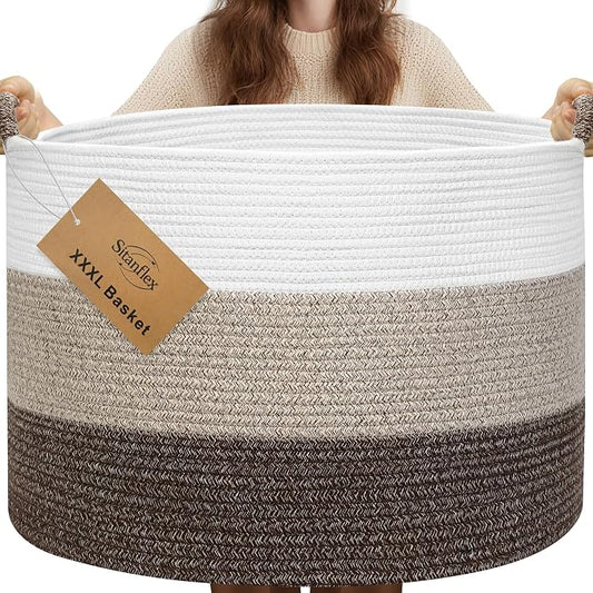 XXXL Large Blanket Basket for Living Room, 21.7" x 13.8" Woven Cotton Rope Laundry Hamper for Pillows, Towels & Toy Storage - Decorative Round Storage Basket with Handles for Nursery, Baby & Dog Toys
