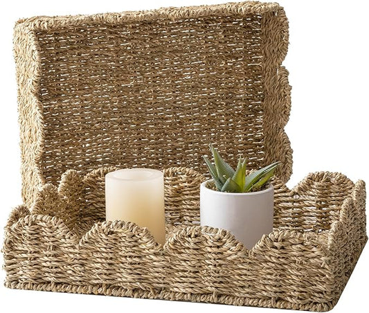 StorageWorks Large Scalloped Basket Trays for decor, Seagrass Wicker Storage Baskets for Shelves, Handwoven Rectangle Bathroom Baskets for Organizing, Shallow Wicker Tray for Ottoman, 2-Pack