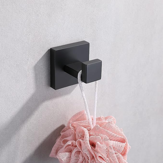 2 Pack Matte Black Bathroom Towel Hook Stainless Steel, Square Towel Robe Coat Hook Wall Mounted Toilet Kitchen Heavy Duty Door Hanger