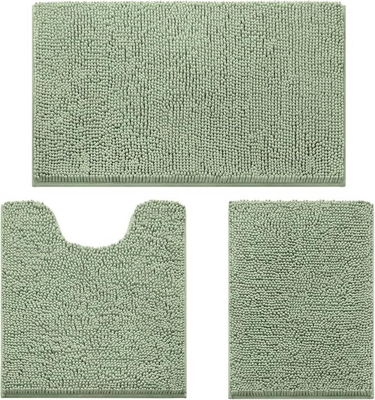 HOMEIDEAS Sage Green Chenille Bathroom Rugs Set of 3, Non Slip Bath Mat | Super Absorbent, Soft Microfiber, Machine Washable, Stain Resistant, for Bathroom Decor