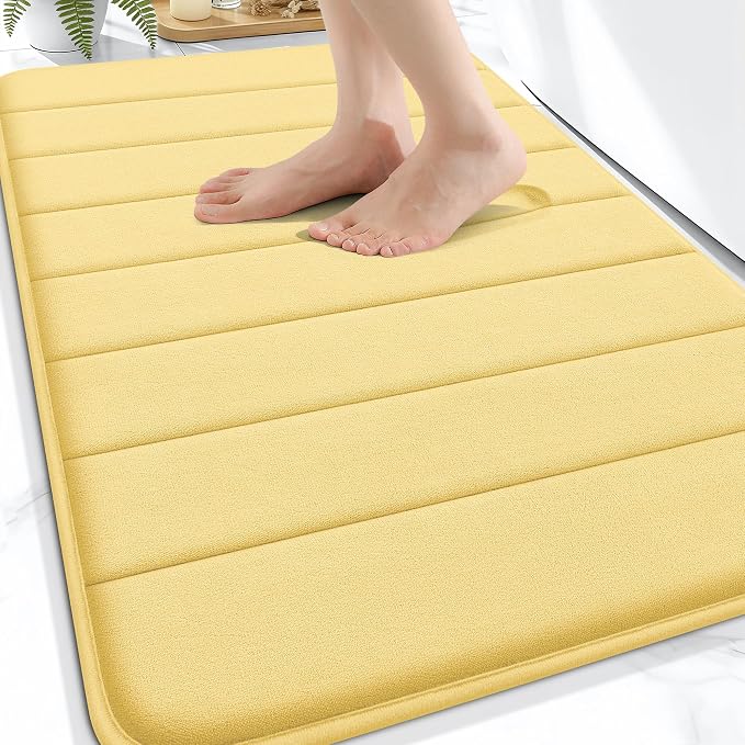 OLANLY Memory Foam Bath Mat 34x21, Super Soft and Absorbent Bathroom Rugs | Yellow, Quick Dry Bath Rug, Machine Washable Shower Floor Mats, Bathmat Carpet for Bathroom Floor, Tub and Shower