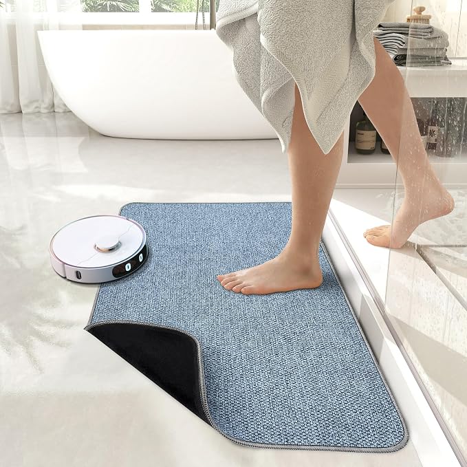 Bath Mat,Ultra Thin Bathroom Rugs,Rubber Bath Mats for Bathroom,Bath rugs | Non Slip,Quick Dry,Machine Washable,Low Pile,Absorbent,Shower Outside,Sink,Bathroom Decor Accessories.Blue,17x27Inch(2 Pack)