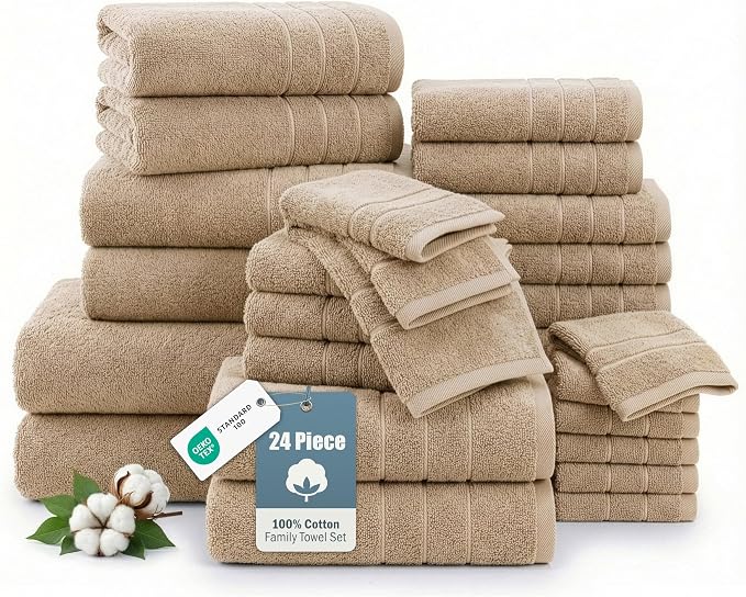 Casa Platino Large Bath Towel Set Absorbent Quick Dry 100% Cotton - Beige | Cotton Towels - Fade-Resistant Color, Classic Terry Weave, Densely Woven, Coordinated Colors, Dobby Border Accent