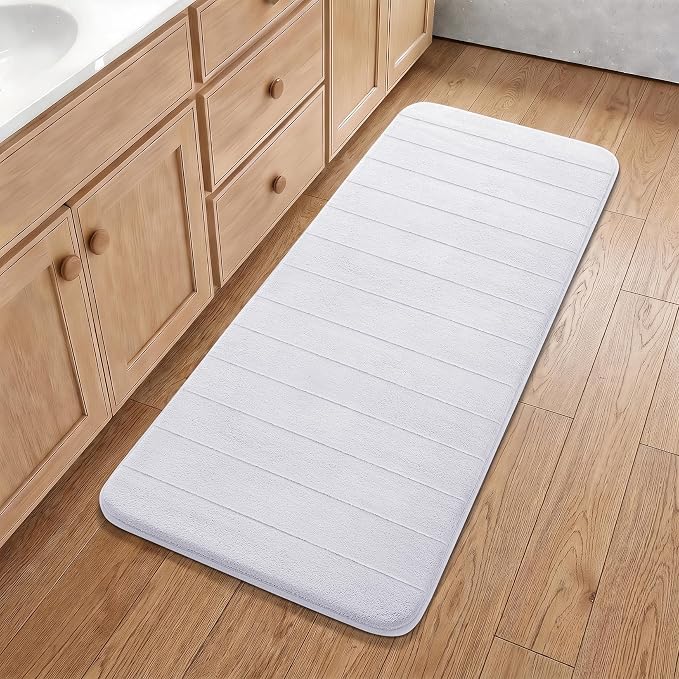 Yimobra Bathroom Runner 55"x24", Non Slip Memory Foam Bath Mat, Super Soft Water Absorbent Hallway Carpet, Machine Washable Rug for Vanity Tub Shower, White