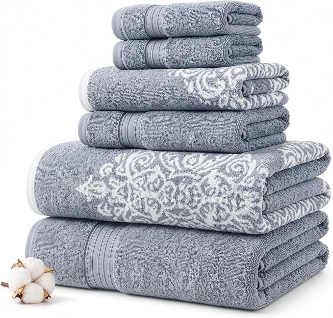 Modern Threads 6-Piece 100% Cotton Damask Medallion Towel Set, Blue | Highly Absorbent, Soft & Plush, Quick-Drying, 550 GSM, Color-Rich Yarn-Dyed Design, OEKO-TEX Certified