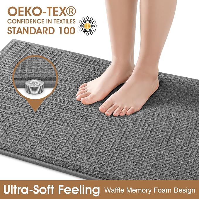 Memory Foam Bath Mat, Ultra Soft Absorbent Waffle Bathroom Rugs, Super Non-Slip PVC Backing Bath Rug Quick Dry, Machine Washable Rug for Tub, Shower, Home Decor Accessory, 32" x 20", Dark Gray