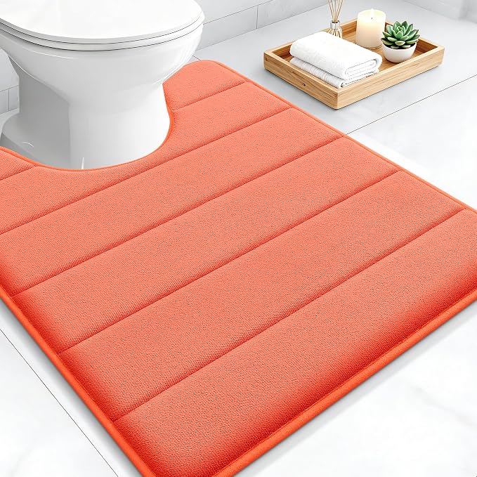 OLANLY Memory Foam Toilet Rugs U Shaped 24x20, Super Soft and Absorbent | Coral, Quick Dry Commode Contour Bath Rugs, Machine Washable Toilet Mat, Comfortable Bathmat Carpet for Bathroom Floor