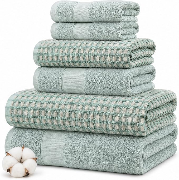 Modern Threads 6 Piece Cotton Bath Towel Set – Ultra Soft 600 GSM Towels – Bathroom Set with Hand Towels and Washcloths – Waffle (Sage Mist)