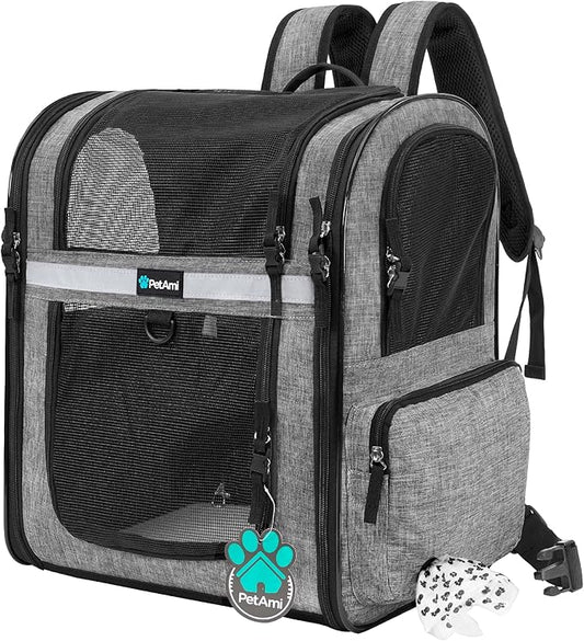 PetAmi Dog Backpack Carrier for Cats, 4-Way Entry Ventilated, 18 lbs, Gray | Sherpa Bed Included, Foldable Load-In Top, Safety Reflective Strap, Breathable Mesh, Poop Bag Dispenser, Padded Back Support