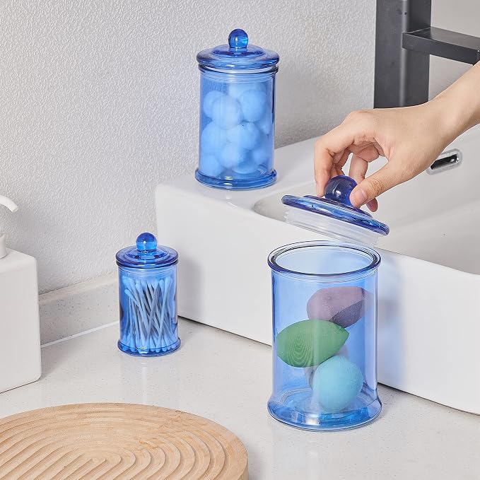 3PCs Set Small Glass Premium Quality Apothecary Jars with lids Bathroom Accessories Set for Laundry Room Storage Kitchen/Vanity Organizer Canisters for Cotton Balls, Sponges,Q-Tips(Blue jar)