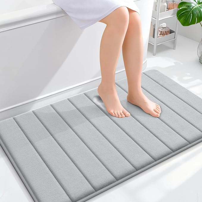OLANLY Memory Foam Large Bath Mat 40x24, Super Soft Absorbent Bathroom Rugs | Light Gray, Quick Dry Bath Rug, Machine Washable Shower Floor Mats, Bathmat Carpet for Bathroom Floor, Tub and Shower