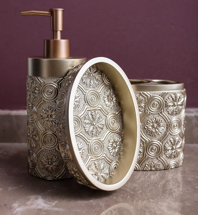Hymmah Bathroom Accessories Set,Golden Design Toothbrush Holder,Farmhouse Bathroom Decor,4 Pcs Resin Gift Set Apartment Necessities, Contain Toothbrush Cup,Soap Dispenser,Soap Dish,Tumbler