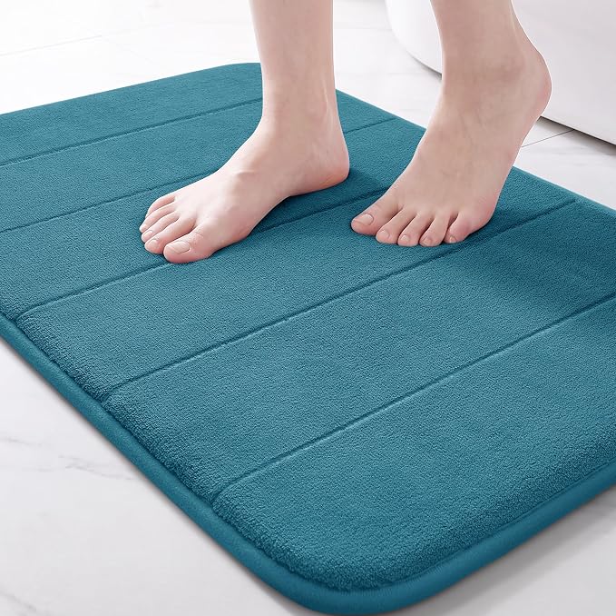 Yimobra Memory Foam Bath Mat, Super Soft Absorbent Bathroom Rug Non Slip, Quick Dry, Machine Washable Floor Carpet for Tub Shower, Home Decor Accessories, 24x17, Peacock Blue