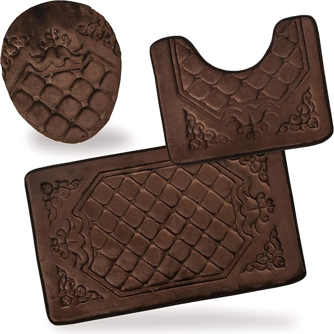 All American Collection 3PC Memory Foam Bath Mats Soft Plush Crown Design Anti-Slip Shower Bathroom Contour Toilet Lid Cover Rugs (Brown)