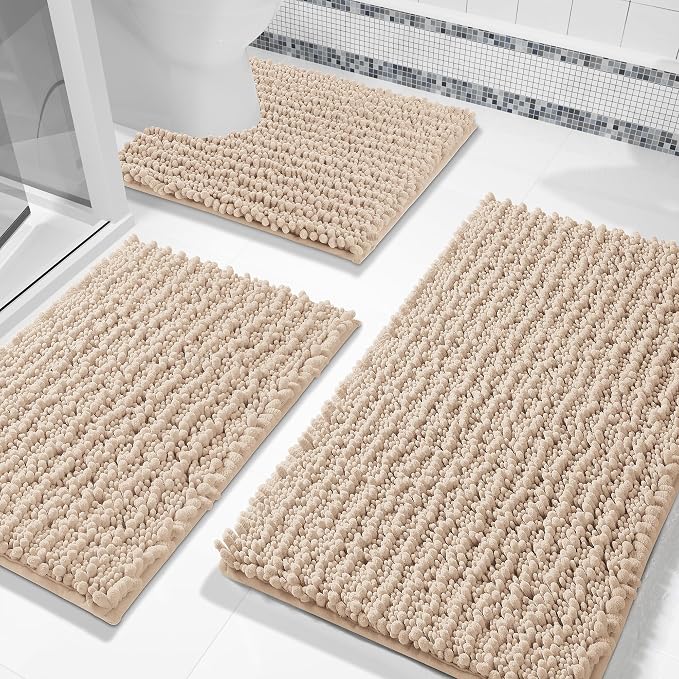 Yimobra Bathroom Rug Set 3 Piece, Super Water Absorbent Bath Mat Set, Beige | Quick Dry Soft Chenille Bath Rugs & Toilet Rug, Non Slip Machine Washable, Extra Thick Shaggy Floor Mat for Shower Tub Sink