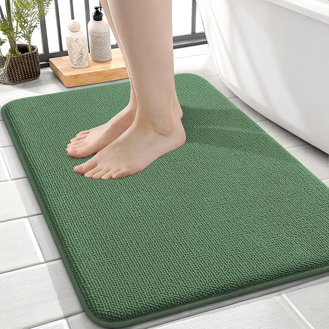 OLANLY Memory Foam Small Bathroom Rugs 24x16, Absorbent Mat, Olive Green | Soft Quick Dry Bath Rugs, Non-Slip Carpet, Machine Washable Mat for Bathroom Floor, Tub and Shower, Home Decor Accessories