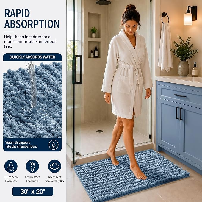 Yimobra Bathroom Rug Set 3 Piece, Super Absorbent Bath Mat Set, Denim Blue | Quick Dry Soft Chenille Bath Rugs & Toilet Rug, Non Slip Machine Washable, Extra Thick Shaggy Floor Mat for Shower Tub Sink