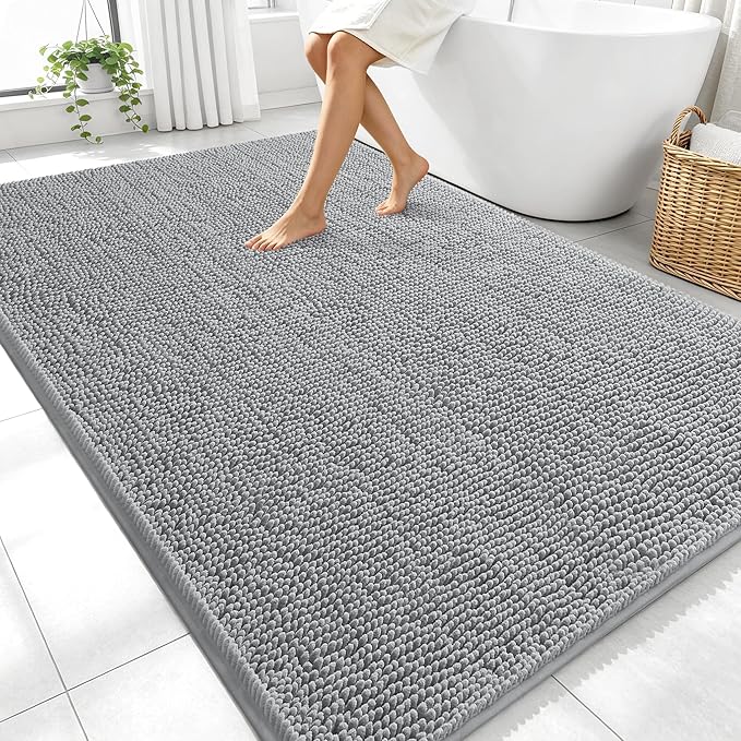OLANLY Large Bathroom Rugs 70x46, Extra Soft Absorbent Chenille Bath Rugs | Light Grey, Quick-Drying Rubber Backing, Machine Washable Bath Mat for Bathroom Floor, Tub and Shower, Home Decor Accessories
