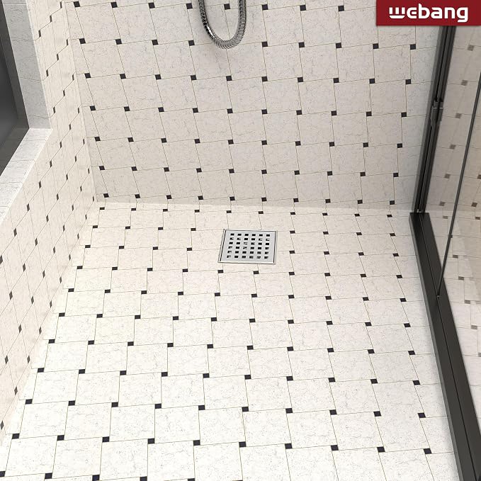 WEBANG 4 Inch Square Shower Drain Brushed Floor Drain with Flange Square Holes Pattern Cover Grate Removable SUS304 Stainless Steel Watermark&CUPC Certified Brushed