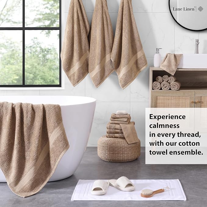 LANE LINEN Towel Set Quick Dry 100% Cotton 18 Piece Soft Absorbent - Taupe | Towels And Washcloths - Ring-Spun Durability, Terry Weave Comfort, Soft & Long-Lasting, Easy-Care