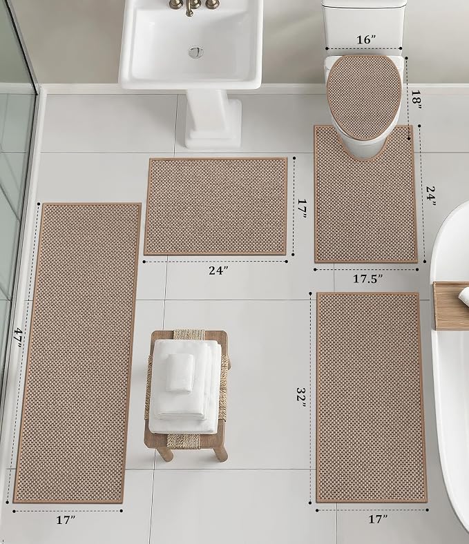 YIHOUSE Thin Bath Mat Khaki Bathroom Rugs Sets 5 Pieces, Non Slip Absorbent Bath Mats Quick Dry, Woven Braided Rugs Washable, Rubber Tapetes para Baño for Bathroom Toliet,Bathtub
