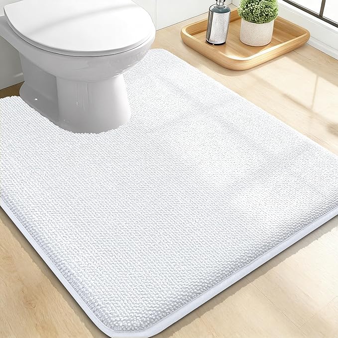 OLANLY Memory Foam Bathroom Toilet Rug U-Shaped 24x20, Absorbent Mat, White | Soft Quick Dry Bath Rugs, Non-Slip Carpet, Machine Washable Mat for Bathroom Floor, Tub and Shower, Home Decor Accessories