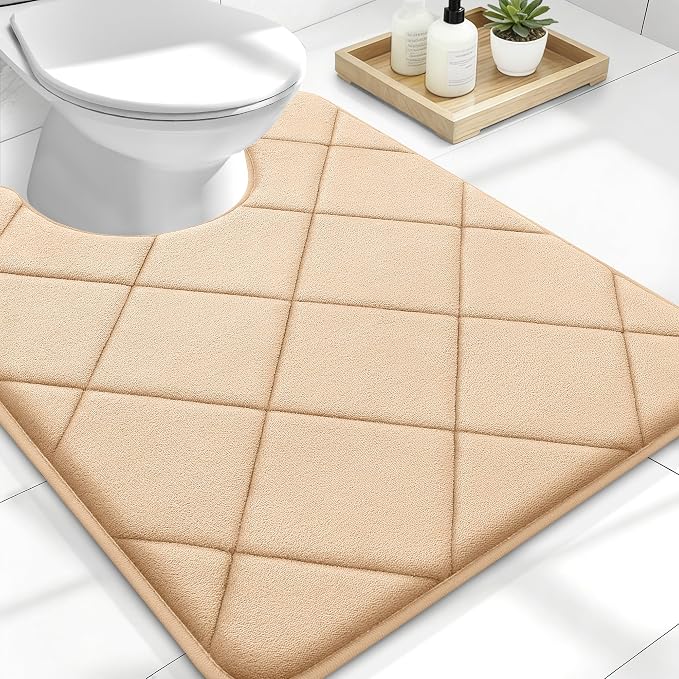 OLANLY Memory Foam Toilet Rugs U-Shaped 24x20, Ultra Soft and Absorbent | Beige, Quick Dry Commode Contour Rugs, Machine Washable, Comfortable Bathroom Contour Bath Mats for Toilet Base
