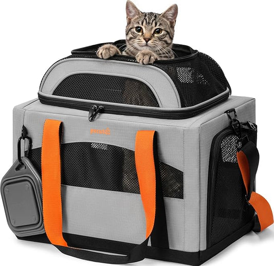 Pecute Cat Carrier,Top Expandable Dog Crate for Travel, Grey | 5mm Anti-Collapse Steel Frame, Soft Mesh, Vet Visits, Foldable Travel Crate,Outdoor Hammock, Leakproof Pee Pad & Bowl