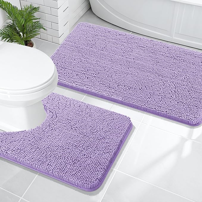 OLANLY Chenille Bathroom Rugs Mats Sets 2 Piece, 47"x20"+24"x20", Lavender | Soft Absorbent Bath Mat and U-Shaped Contour Toilet Rug Set, Quick Dry, Machine Washable Bath Carpet, Home Decor Accessories