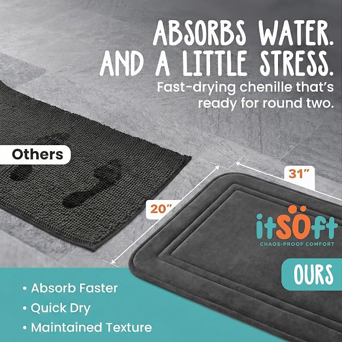ITSOFT Memory Foam Bath Mat 31x20, Non Slip, Machine Washable, Quick Dry & Absorbent Rugs, Bath Mats for Bathroom Floor, Tub & Shower, Bathroom Rug, Charcoal Gray