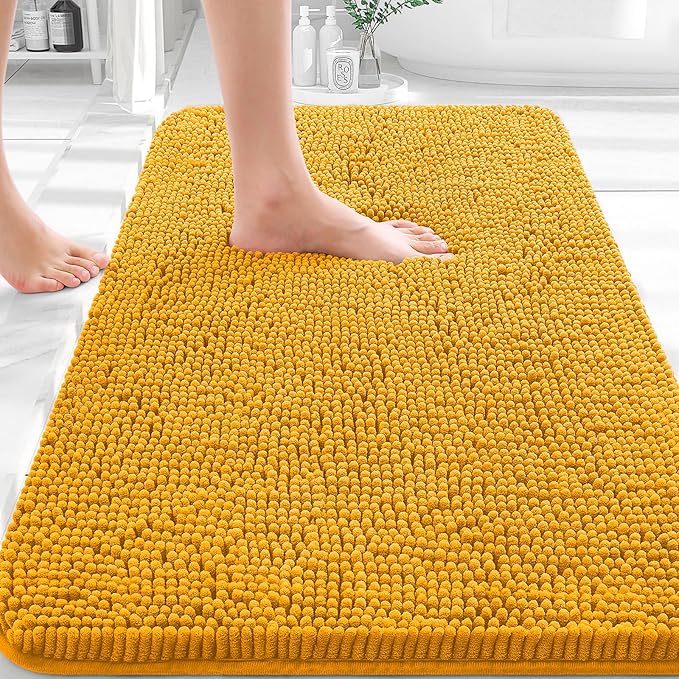 OLANLY Bathroom Rugs 32x20, Extra Soft Absorbent Chenille Bath Rugs | Golden Yellow, Quick-Drying Rubber Backing, Washable Bath Mat for Bathroom Floor, Tub and Shower, Home Decor Accessories