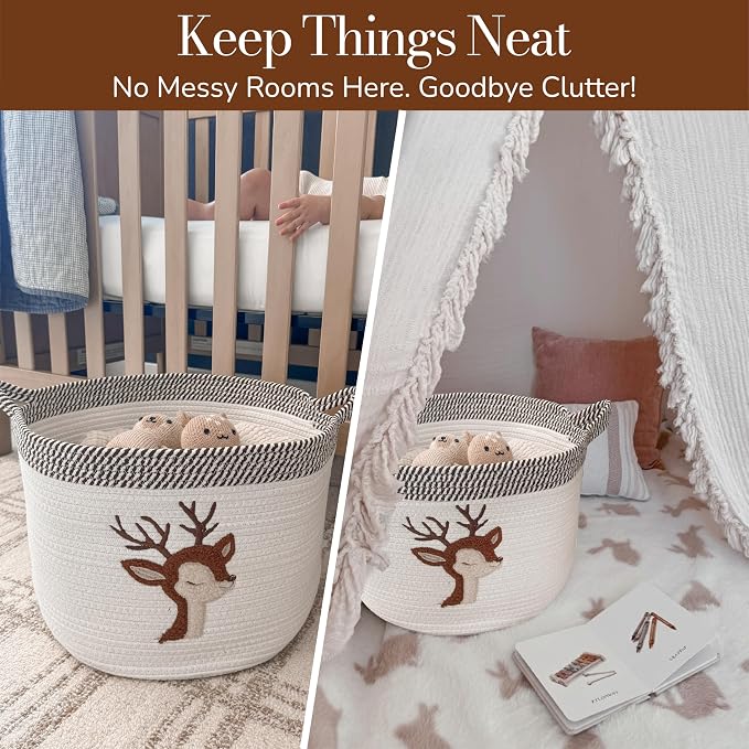 Deer Storage Basket for Nursery – Large 15”x11” Cotton Rope Bin with Soft Felt Animal Patch – Toy Organizer, Baby Laundry Hamper, Diaper & Towel Holder – Foldable, Washable & Baby-Safe