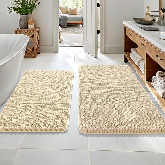 OLANLY Chenille Bathroom Rugs Mats Sets 2 Piece, 36"x24"+30"x20", Beige | Ultra Soft Absorbent Bath Rugs Set, Rubber Backing Non-Slip, Quick Dry, Machine Washable Bath Carpet, Home Decor Accessories
