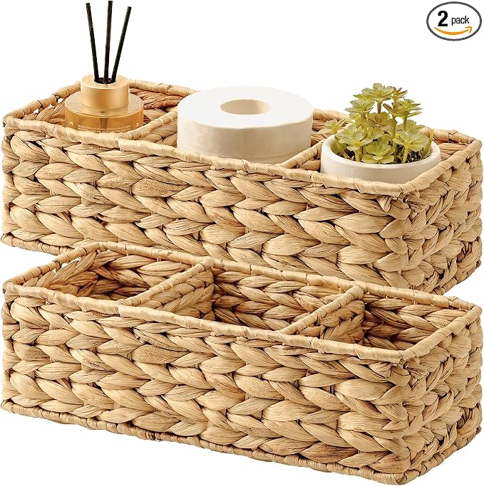 StorageWorks Wicker Basket Tank Topper, Wicker Storage Basket for Shelves, Toilet Paper Basket for Back of Toilet Tank Top, 3-Section Water Hyacinth Storage Baskets, 2-Pack