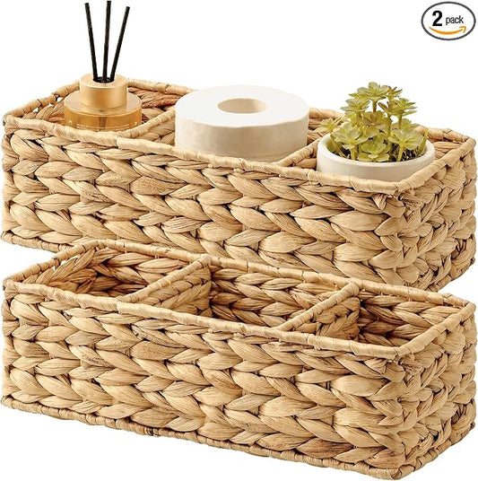 StorageWorks Wicker Basket Tank Topper, Wicker Storage Basket for Shelves, Toilet Paper Basket for Back of Toilet Tank Top, 3-Section Water Hyacinth Storage Baskets, 2-Pack
