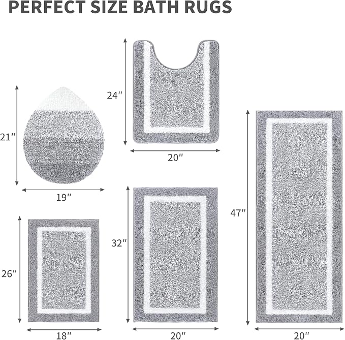 Pauwer Bathroom Rugs Set 5 Piece, Non Slip Microfiber Bath Mat, Light Grey | Washable Bathroom Mat with U Shaped Toilet Rug, Long Shower Runner, Toilet Lid Cover, Quick Dry Absorbent Plush Floor Carpet