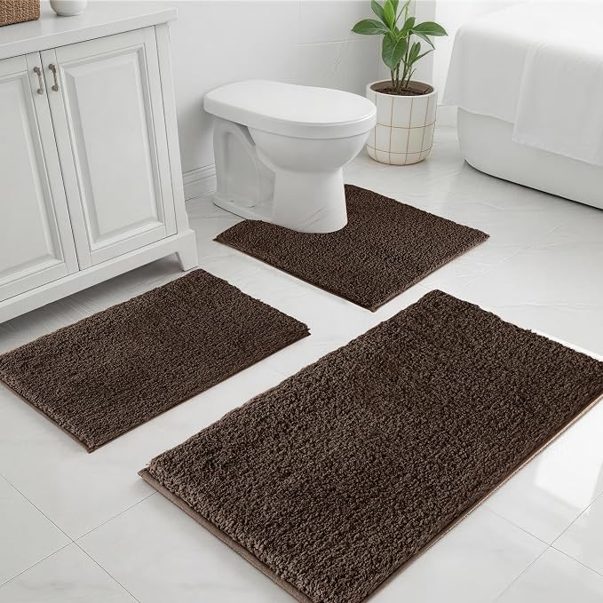 Bathroom Rugs Sets 3 Piece Non Slip Washable Bath Mat Set | Microfiber bath rug set with toilet mats for bathroom , Soft Absorbent toilet rug set TPR Rubber Backed bathroom floor mat