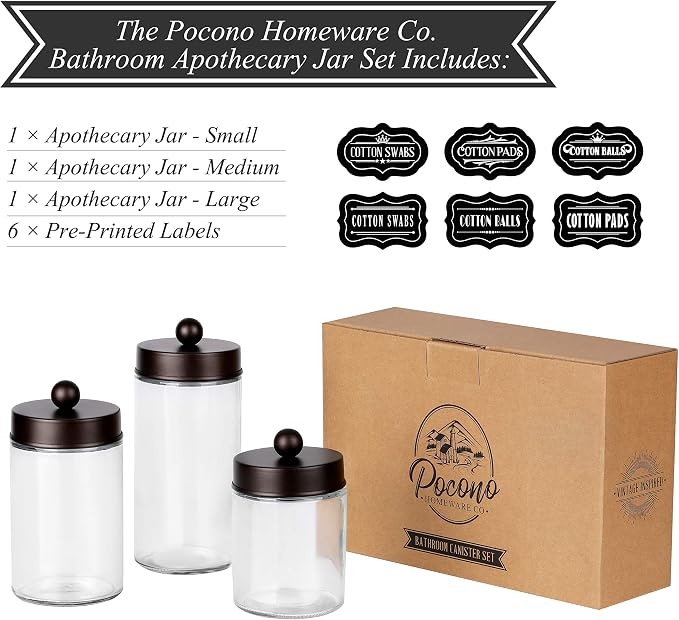 Apothecary Jars 3 Pack - Glass Bathroom Containers with Stainless Steel Lids - Rustic Farmhouse Decor Bathroom Accessories, Vanity Organizer Apothecary Jars for Qtip/Cotton Balls (Bronze)