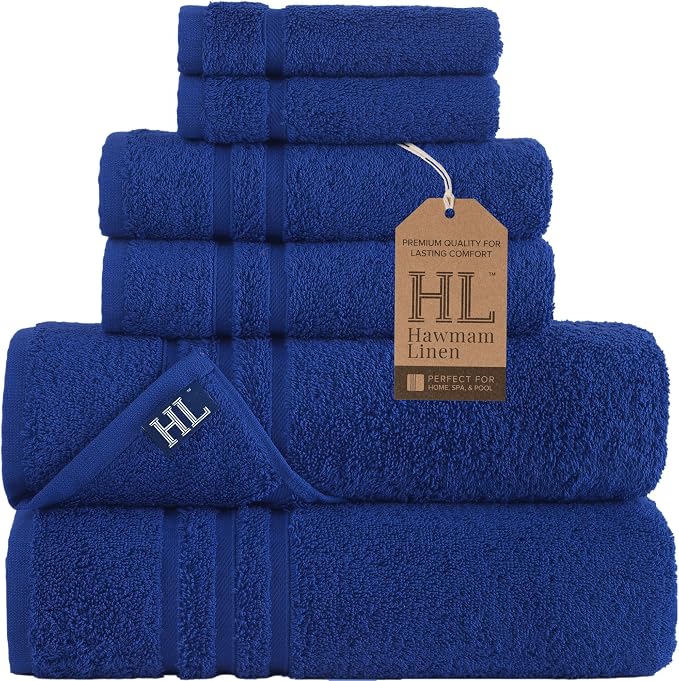 Hawmam Linen Royal Blue 6 Piece Bath Towels Set for Bathroom Original Turkish Cotton Soft, Absorbent and Premium 2 Bath Towels, 2 Hand Towels, 2 Washcloths