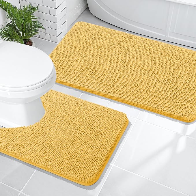 OLANLY Chenille Bathroom Rugs Mats Sets 2 Piece, 47"x20"+24"x20", Yellow | Soft Absorbent Bath Mat and U-Shaped Contour Toilet Rug Set, Quick Dry, Machine Washable Bath Carpet, Home Decor Accessories