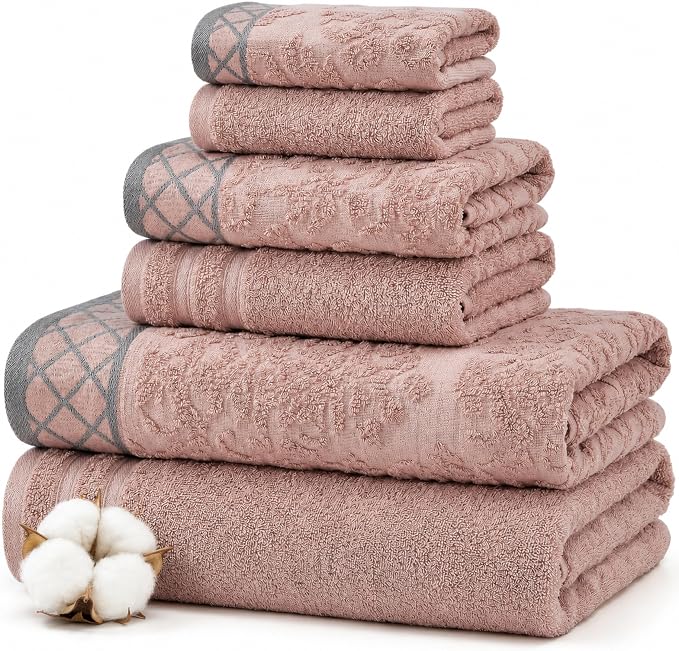 Modern Threads 6 Piece Cotton Bath Towel Set – Ultra Soft 550 GSM Towels – Bathroom Set with Hand Towels and Washcloths – Diamond Border (Blush)