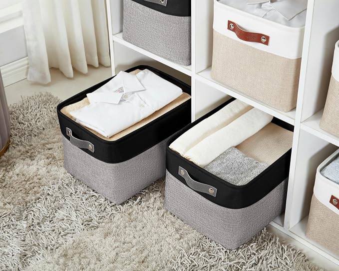 DECOMOMO Storage Bins, Large Fabric Storage Baskets for Shelves, Decorative Linen Closet Organizer, 15 x 11 x 9.5 inches (Grey & Black, 4 Pack)