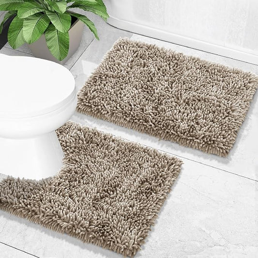 Yimobra Bathroom Rugs Sets 2 Piece, Soft Absorbent Bath Mat and U-Shaped Toilet Rug with Non Slip Backing, Luxury Shaggy Bath Mats for Bathroom, Machine Washable, 24"x17"+24"x20", Camel