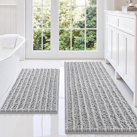 Smiry Bathroom Rugs Sets 2 Piece (47x20+24x16), Extra Soft Bath Mats | Light Grey Soft Absorbent, Rubber Backing Machine Washable Quick Dry Chenille Bath Rug Set for Tub, Shower, and Floor