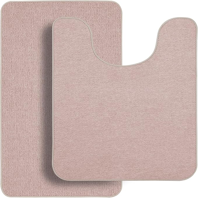 Bosap Bath Mat Set 2 Pieces,Ultra Thin Bathroom Rugs,Rubber Toilet Rugs | Non Slip,Quick Dry,Machine Washable,Low Pile,Absorbent,Shower,Sink,Bathroom Decor.(Beige,17"x27" Plus 20"x24"U Shaped)