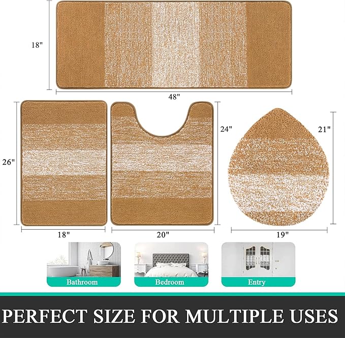 Bsmathom Bathroom Rugs Sets 4 Piece, Soft Absorbent Microfiber Bath Rugs with U-Shaped Contour Toilet Rug and Toilet Lid Cover, Thick Non-Slip Plush Shaggy Bath Mat Set,Turmeric