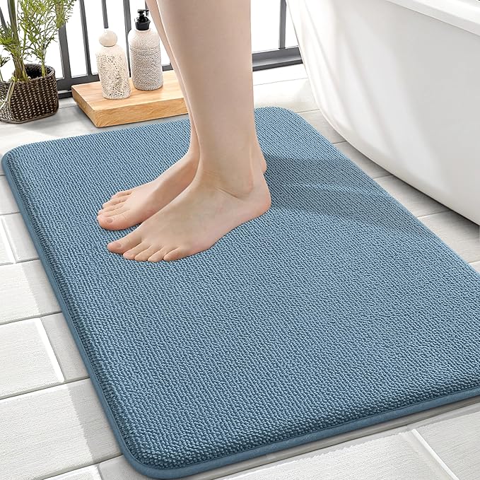 OLANLY Memory Foam Small Bathroom Rugs 24x16, Absorbent Bath Mat, Airy Blue | Soft Quick Dry Bath Rugs, Non-Slip Carpet, Machine Washable Mat for Bathroom Floor, Tub and Shower, Home Decor Accessories
