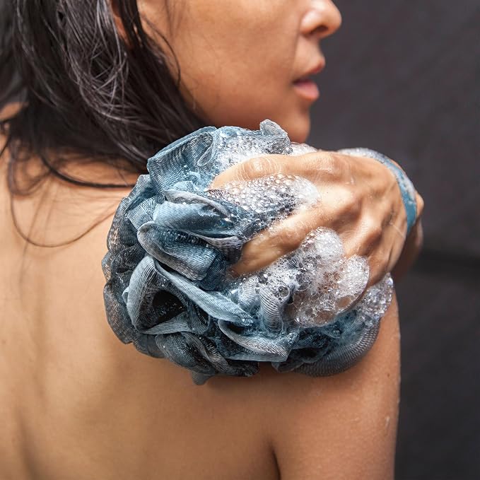 Toem® Loofah Back Scrubber for Shower | Bamboo Charcoal | Long Handle | Luffa & loofa for men & women | Bath sponge | Kit: long-handled scrubber + pouf + hook | Body wash scrub stick | Sky Blue