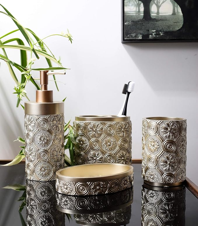 Hymmah Bathroom Accessories Set,Golden Design Toothbrush Holder,Farmhouse Bathroom Decor,4 Pcs Resin Gift Set Apartment Necessities, Contain Toothbrush Cup,Soap Dispenser,Soap Dish,Tumbler